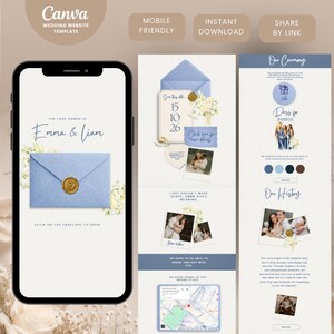 Pode incluir: Um modelo de site de casamento digital para Canva com a exibição de um celular mostrando um envelope azul com um selo de cera dourado, ao lado de painéis de layout com espaços para fotos, detalhes do evento, um mapa e texto para Emma & Liam.