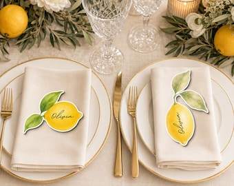 Lemon Wedding Place Card Template, Editable Mediterranean Name Marker for Elegant Table Decor