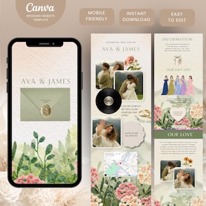 Pode incluir: Um modelo de site de casamento digital para dispositivos móveis com ilustrações florais em aquarela, fotos de um casal, um gráfico de disco de vinil, um mapa e texto incluindo Ava & James, Our Gift List e Our Love em fundo bege claro.