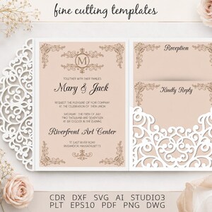Laser Cut Wedding Invitation Template, Blush Lace Gatefold Suite SVG DXF, Cricut Silhouette Cut File, Instant Download
