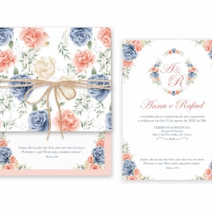 Peut inclure: Un ensemble de faire-part de mariage avec un motif floral de roses bleues, pêche et crème et de feuilles vertes. L'invitation comprend le texte A & R, Anna e Rafael, et la date 10 de agosto de 2022, noué avec un nœud en ficelle de jute.