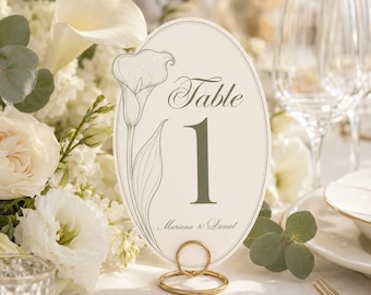 Elegant Calla Lily Wedding Table Number Template, Editable Canva Sign