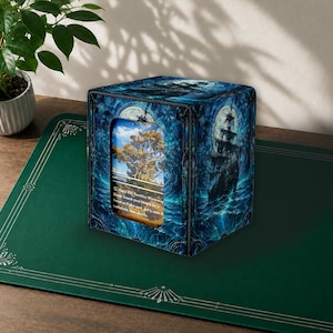 Può includere: Un portamazzo quadrato con un'illustrazione nautica blu scuro e nera di un veliero che naviga su onde turbolente sotto una luna piena. Un ritaglio rettangolare sulla parte anteriore mostra una carta collezionabile con un albero.