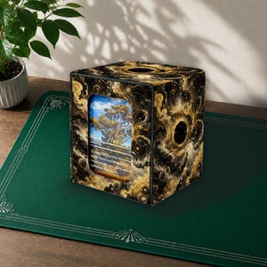 May include: A square deck box featuring a black and gold cosmic nebula pattern with a central rectangular cutout displaying a trading card. The card shows a landscape illustration of a tree under a blue sky with visible game text at the bottom.