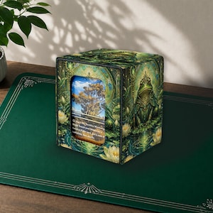 Puede incluir: Una caja para barajas cuadrada con una ilustración de una rana verde rodeada de flores de loto blancas y patrones dorados. Un recorte rectangular en el frente muestra una carta coleccionable con un paisaje de árboles y texto impreso.