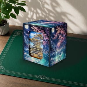 Op de afbeelding: Een vierkante deckbox met een levendige fantasielandschap-print met roze kersenbloesembomen, een gloeiende maan en kolkende blauwe oceaangolven. Een rechthoekige uitsparing aan de voorzijde toont een ruilkaart met zichtbare tekst.