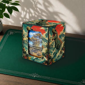 Puede incluir: Una caja para barajas cuadrada con una ilustración colorida de un dinosaurio en un mar turbulento con un gran sol rojo de fondo. El panel frontal tiene un recorte rectangular que muestra una carta de juego con texto y un árbol.