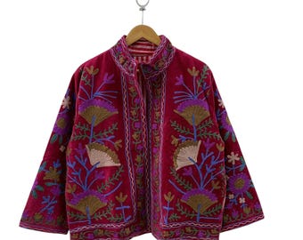 Maroon Suzani Coat, Hand Embroidery Short Jacket, Bohemian Open Front Jacket Artisanal Luxury Velvet Coat Gift for Women