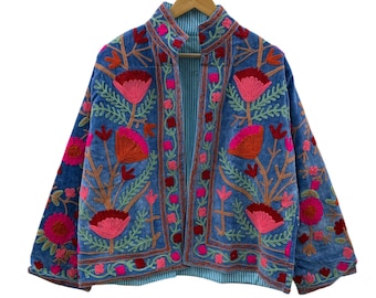 Giacca Suzani in velluto ricamato fatto a mano, Giacca Bomber Suzani blu, Giacca Suzani uzbeka, Giacca unisex, Giacca Suzani corta