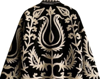 Hand Embroidered Suzani Velvet Black Jacket, Unisex Adult Bomber Jacket, Winter Wear Warm Jacket, Suzani Short Uzbek Jacket - Size Available