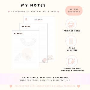 Plantilla de notas imprimible con cuadrícula de puntos minimalista, papel para tomar notas, formato A4/A5/Carta/PDF de descarga instantánea.