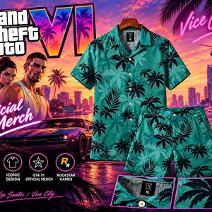 Puede incluir: Un conjunto de camisa de manga corta con botones y pantalones cortos a juego en color verde azulado con un estampado negro de palmeras y hojas tropicales. La camisa tiene cuello y botones blancos, mientras que el pantalón tiene un botón.