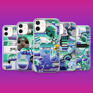 May include: Five clear smartphone cases featuring a collage of stickers in shades of blue, green, and white. The designs include text like 'HELLO I AM gay', 'BOYS.', and 'boyfriends', alongside illustrations of cats, frogs, and various abstract shapes.