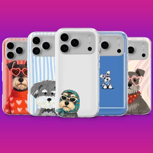 Könnte beinhalten: Fünf transparente Smartphone-Hüllen mit verschiedenen Illustrationen von Schnauzer-Hunden. Die Designs zeigen einen Hund im roten Herz-Pullover, einen blau gestreiften Hintergrund, einen Hund mit Kopftuch, einen kleinen Hund auf Blau und einen Hund mit Herzbrille.