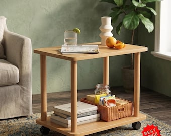Tavolino laterale in legno a 2 ripiani con ripiano portaoggetti – Tavolino moderno per piccoli spazi