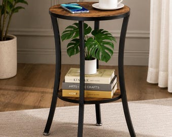 Ronde bijzettafel voor de woonkamer, bijzettafel met 2 niveaus, kleine accenttafel, plantenstandaard voor binnen, modern nachtkastje, slaapkamermeubel, bruin