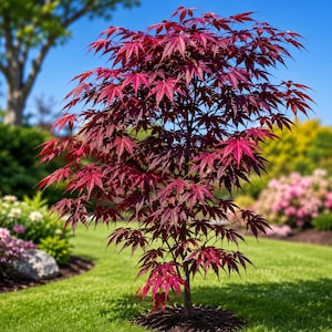 May include: A Japanese maple tree featuring vibrant, deep red, palmate leaves with serrated edges. The tree has a slender, upright trunk and a spreading canopy of foliage, standing in a garden setting with a clear blue sky in the background.