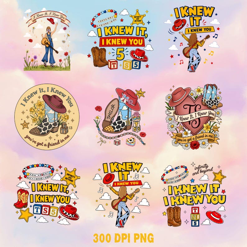 May include: A collection of nine digital graphic designs featuring country-western themes, including cowboy boots, hats, guitars, and alphabet blocks. The text includes phrases like I KNEW IT, I KNEW YOU, and you've got a friend in me, with stars and clouds.