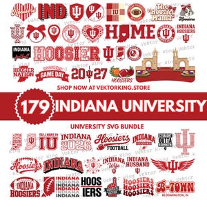 May include: A digital collection of Indiana University graphics featuring the IU trident logo, Hoosiers text, football imagery, and state outlines in red and white. The bundle includes various typography, heart shapes, and university-themed icons.
