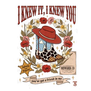 May include: A graphic illustration featuring a red cowboy hat resting on a cow-print boot with a blue sky and cloud pattern. The design is framed by a floral wreath of red poppies and yellow daffodils, with a sheriff star, a reward sign, and text.