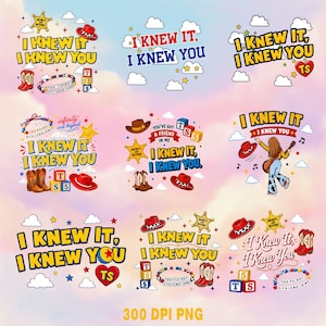 May include: A collection of nine digital graphic designs featuring the text I KNEW IT I KNEW YOU, cowboy hats, boots, sheriff stars, alphabet blocks, clouds, and beaded bracelets. The designs incorporate various colours including red, yellow, and blue.