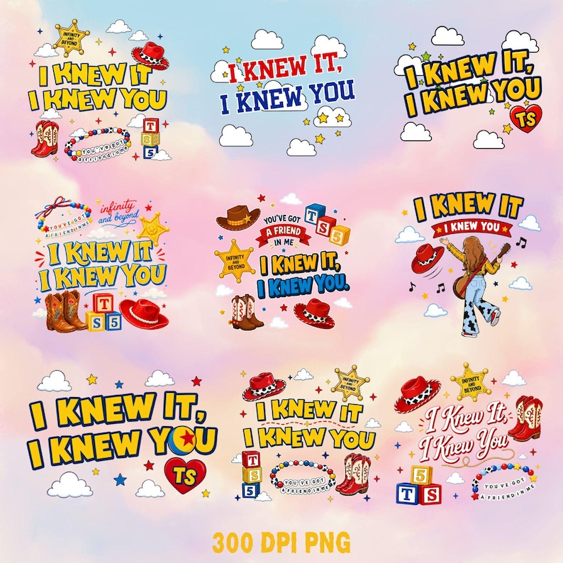 May include: A collection of nine digital graphic designs featuring the text I KNEW IT I KNEW YOU, cowboy hats, boots, sheriff stars, alphabet blocks, clouds, and beaded bracelets. The designs incorporate various colours including red, yellow, and blue.