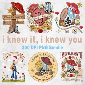 May include: A digital graphic bundle featuring six illustrations with cowboy boots, red hats, flowers, and the text I Knew It, I Knew You. The designs include a wooden signpost, a heart, a person playing guitar, and various western-themed motifs.