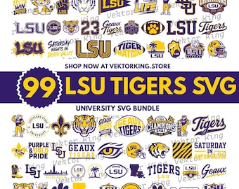 LSU Tigers SVG PNG-paket | 99 designer | College Football Match Day-tröja | Lila guld universitetsmaskot Cricut sublimering digital nedladdning