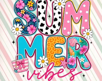 Summer Vibes PNG: Sublimation, Beach, Floral, Daisy, Leopard, Cow Print, Coquette Bow, Tropical (Digital file)