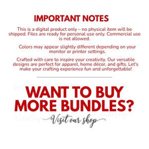 May include: A digital product information graphic with red text reading IMPORTANT NOTES, followed by usage instructions, and a section asking WANT TO BUY MORE BUNDLES? with a Visit our shop link. The background is plain white with black and red text.