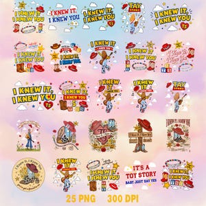 May include: A digital collection of 25 graphic designs featuring illustrations of cowboy boots, hats, guitars, stars, clouds, and alphabet blocks. The designs include text such as I KNEW IT, I KNEW YOU, TAY STORY, and IT'S A TOY STORY, BABY JUST SAY YES.