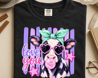 Love You Cow Shirt Cute Bubble Gum Cow Tee Long Sleeve S-4XL