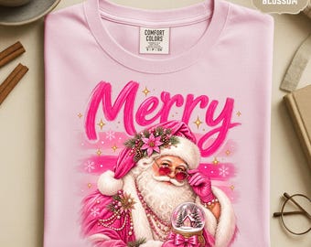 Merry Pink Santa Shirt Coquette Christmas Tee Long Sleeve S-4XL
