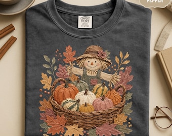 Camiseta con estampado de espantapájaros, cesta de calabazas, cosecha de otoño, granja, tallas S-4XL