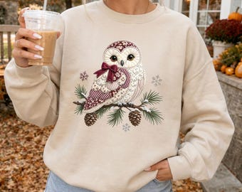 Faux Patchwork Winter Owl Sweatshirt and Hoodie Woodland Snow S-5XL