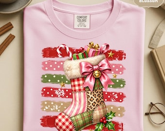Christmas Stocking Shirt Patchwork Holiday Tee Long Sleeve S-4XL