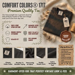 May include: A dark brown, garment-dyed t-shirt with a crew neckline and a tag attached by a string. The image includes text detailing features like 100% ring spun cotton, double needle stitching, a relaxed fit, and pre-shrunk fabric specifications.