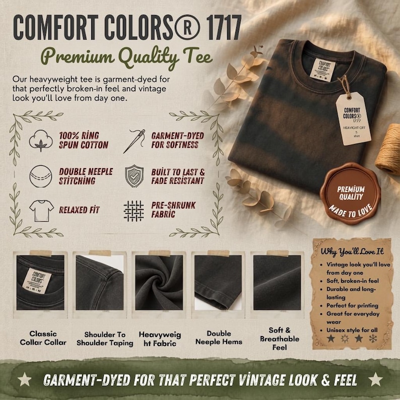 May include: A dark brown, garment-dyed t-shirt with a crew neckline and a tag attached by a string. The image includes text detailing features like 100% ring spun cotton, double needle stitching, a relaxed fit, and pre-shrunk fabric specifications.