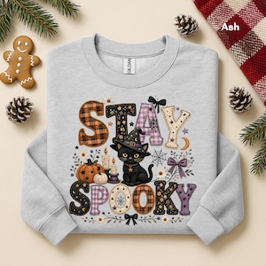 Faux Patchwork Stay Spooky Sweatshirt, Black Cat Halloween Shirt, Cute Witch Cat Graphic, Faux Embroidery Fall Pullover