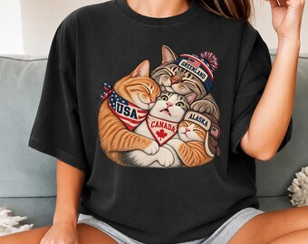 Camiseta con estampado de amistad entre gatos de EE. UU., Canadá, Groenlandia y Alaska, tallas S-4XL