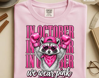 In October We Wear Pink Raccoon Breast Cancer Shirt Long Sleeve S-4XL