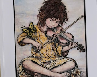 Original Mixed Media Girl Playing Violin | Acrylic & Handcrafted Paper Quilling Art | 3D Textured Wall Art | OOAK Gift