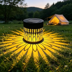May include: A cylindrical solar-powered lantern with a black frame and a cutout pattern that casts a bright, warm yellow sunburst light projection onto the surrounding grass, featuring a flat solar panel on the top surface of the device.