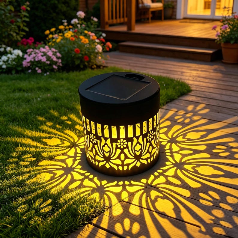 May include: A cylindrical black solar lantern with a cut-out floral pattern that projects a bright yellow light onto the surrounding wooden deck and grass. The top of the lantern features a square solar panel for charging during the day.