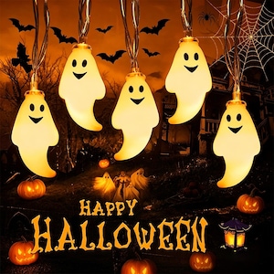 Halloween Ghost String Lights | Cute Smiling Ghost Fairy Lights, Spooky Outdoor Yard, Porch, Patio & Party Decoration