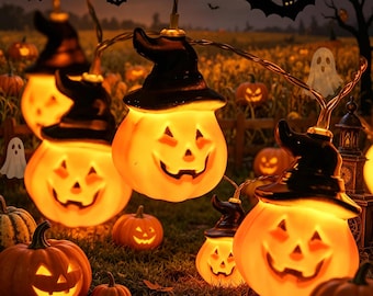 Halloween Witch Hat Pumpkin String Lights, Jack-O-Lantern Fairy Lights, Spooky Outdoor Halloween Decor
