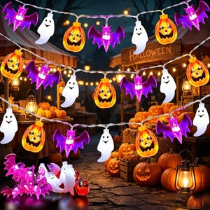 Halloween Pumpkin Ghost Bat String Lights, Spooky Jack-O-Lantern Fairy Lights, Outdoor Halloween Decor