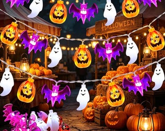 Halloween Pumpkin Ghost Bat String Lights, Spooky Jack-O-Lantern Fairy Lights, Outdoor Halloween Decor