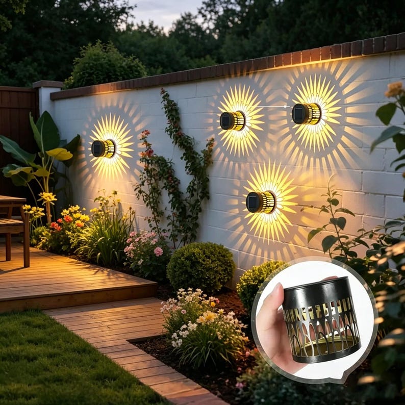 May include: Three black cylindrical solar wall lights mounted on a white brick wall, each emitting a bright starburst pattern of warm light. An inset shows a close-up of the black metal housing with a decorative cutout design.
