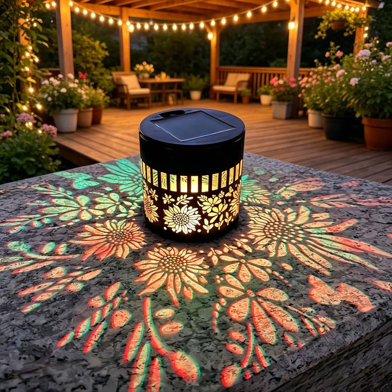 May include: A cylindrical black solar lantern with a cut-out floral pattern that projects a glowing sunflower and leaf design onto the surface below. The top of the lantern features a square solar panel, and the sides emit a warm light.